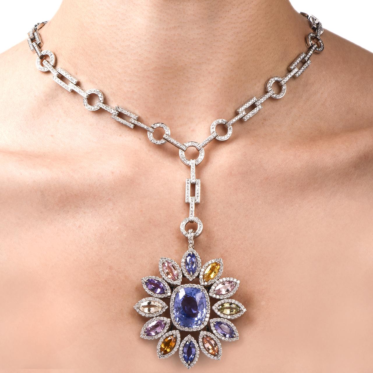 1980s Natural No Heat Sapphire Diamond Pendant Necklace 3