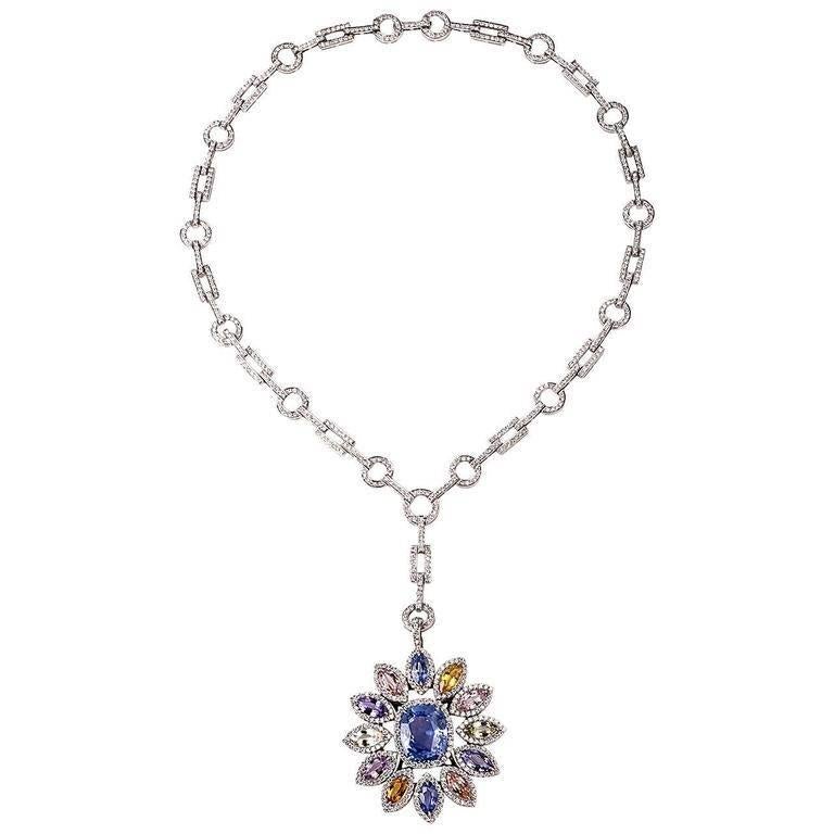 1980s Natural No Heat Sapphire Diamond Pendant Necklace