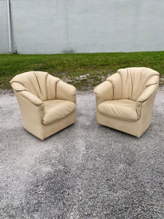 1980s Natuzzi Beige Leather Barrel Swivel Chairs, Set of 2