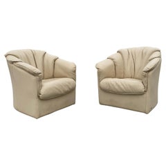 Vintage 1980s Natuzzi Beige Leather Barrel Swivel Chairs, Set of 2