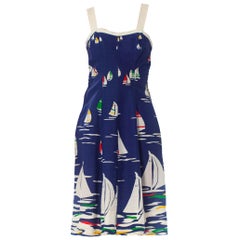 Vintage 1980S Nautical Cotton Blend Dress With Stretch Smocked Sides & Pockets