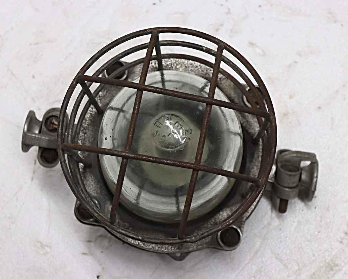 Industrial 1980s Nautical Steel & Glass Shade Ship Corridor Light with Cage