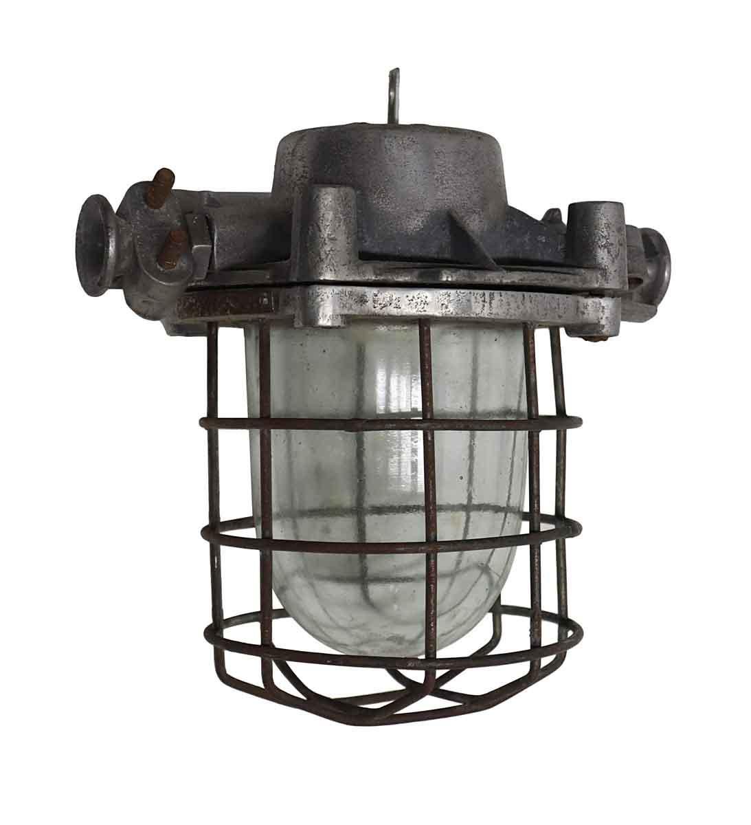 Late 20th Century 1980s Nautical Steel & Glass Shade Ship Corridor Light with Cage