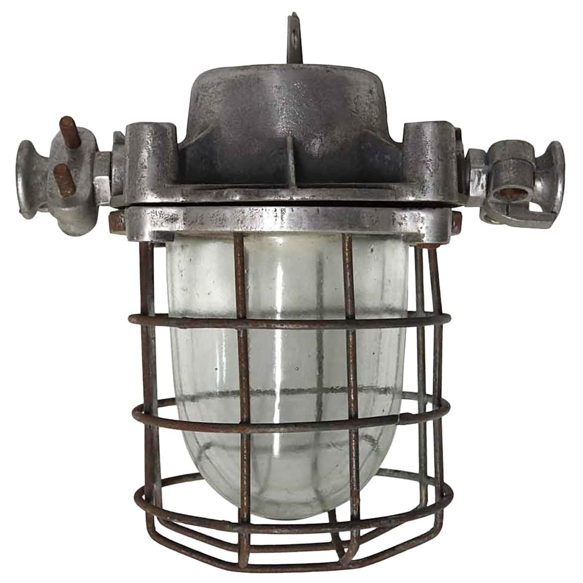 1980s Nautical Steel & Glass Shade Ship Corridor Light with Cage