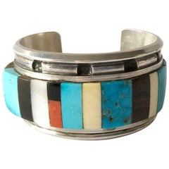 1980s Navajo Turquoise Coral Wood Onyx Shell Mosaic Sterling Cuff Bracelet