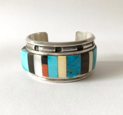 1980s Navajo Turquoise Coral Wood Onyx Shell Mosaic Sterling Cuff Bracelet 