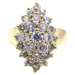 1980s Navette Diamond Cluster Yellow Gold Ring