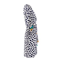 1980s Navy and White Polka Dot and Floral Dress