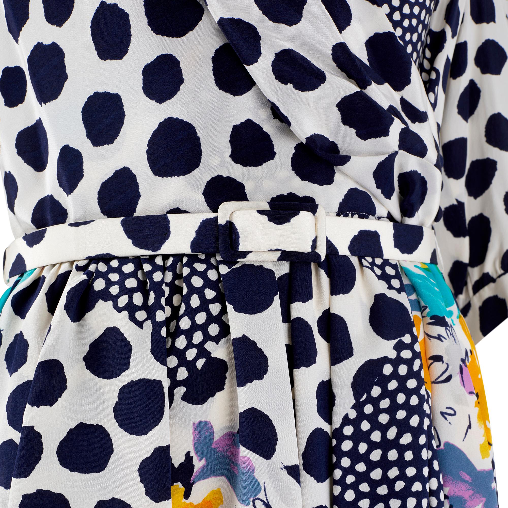 Women's 1980s Navy and White Polka Dot and Floral Dress
