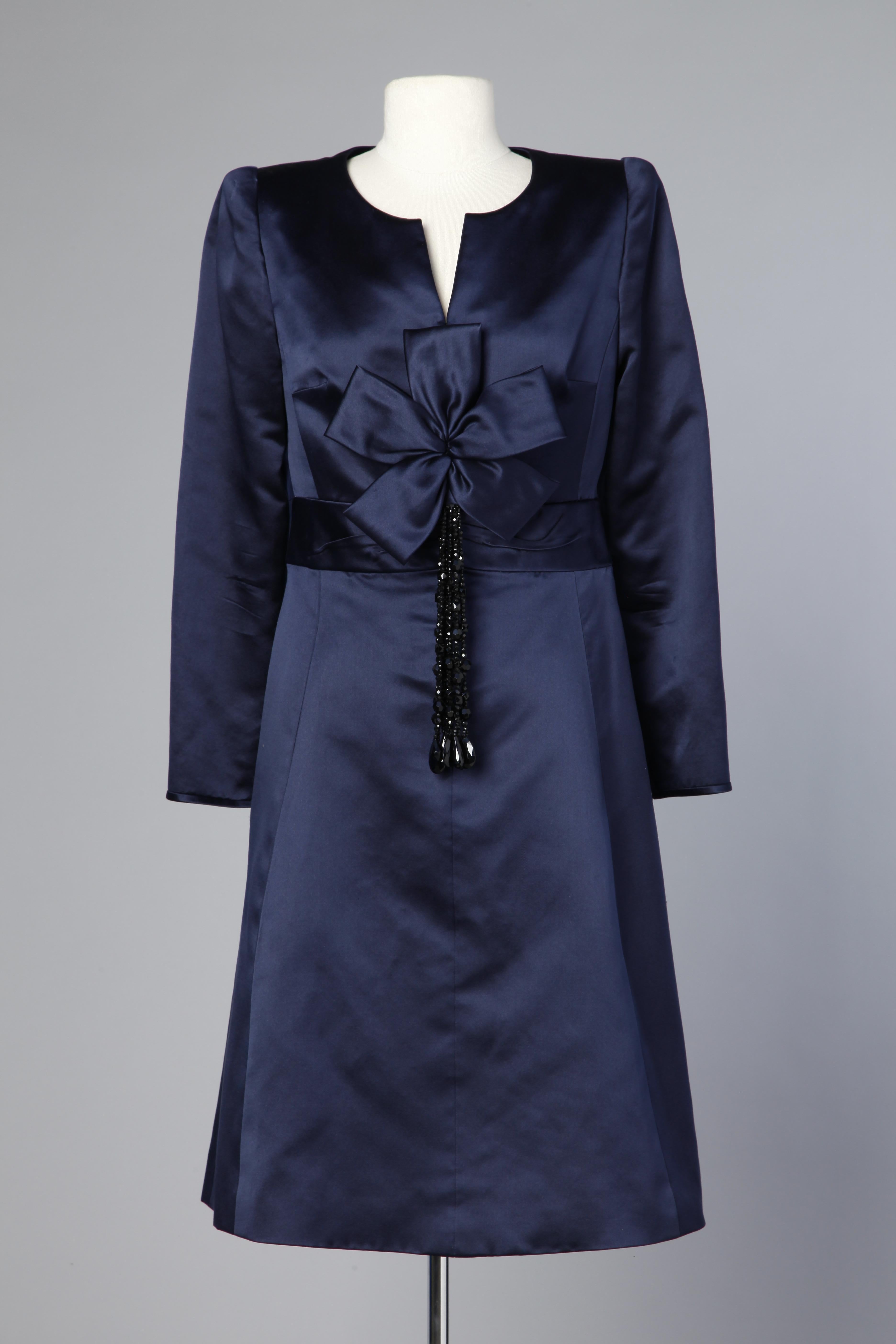 Black 1980's navy blue satin dress with bow and black beads fringes Valentino Couture For Sale