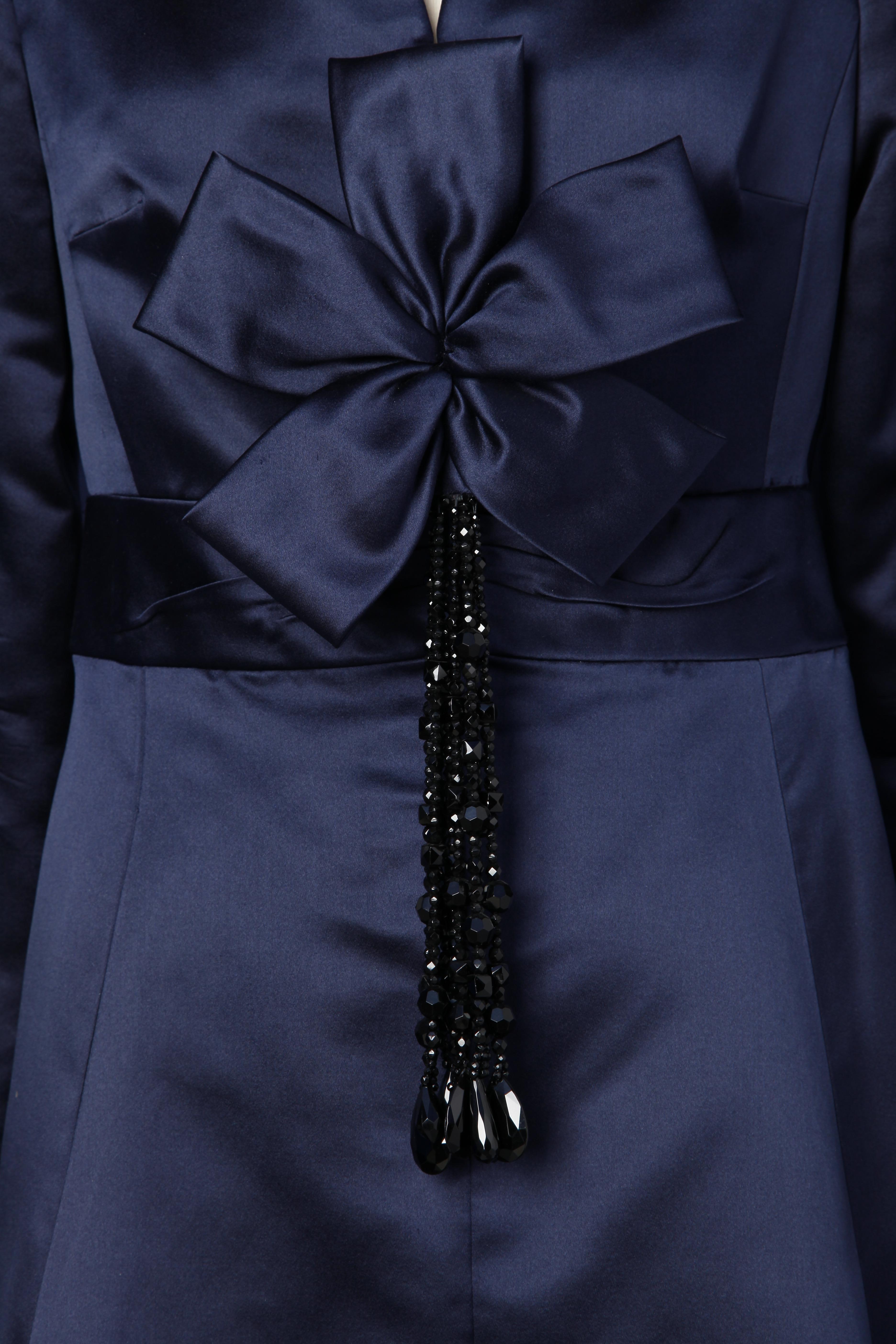 Women's 1980's navy blue satin dress with bow and black beads fringes Valentino Couture For Sale