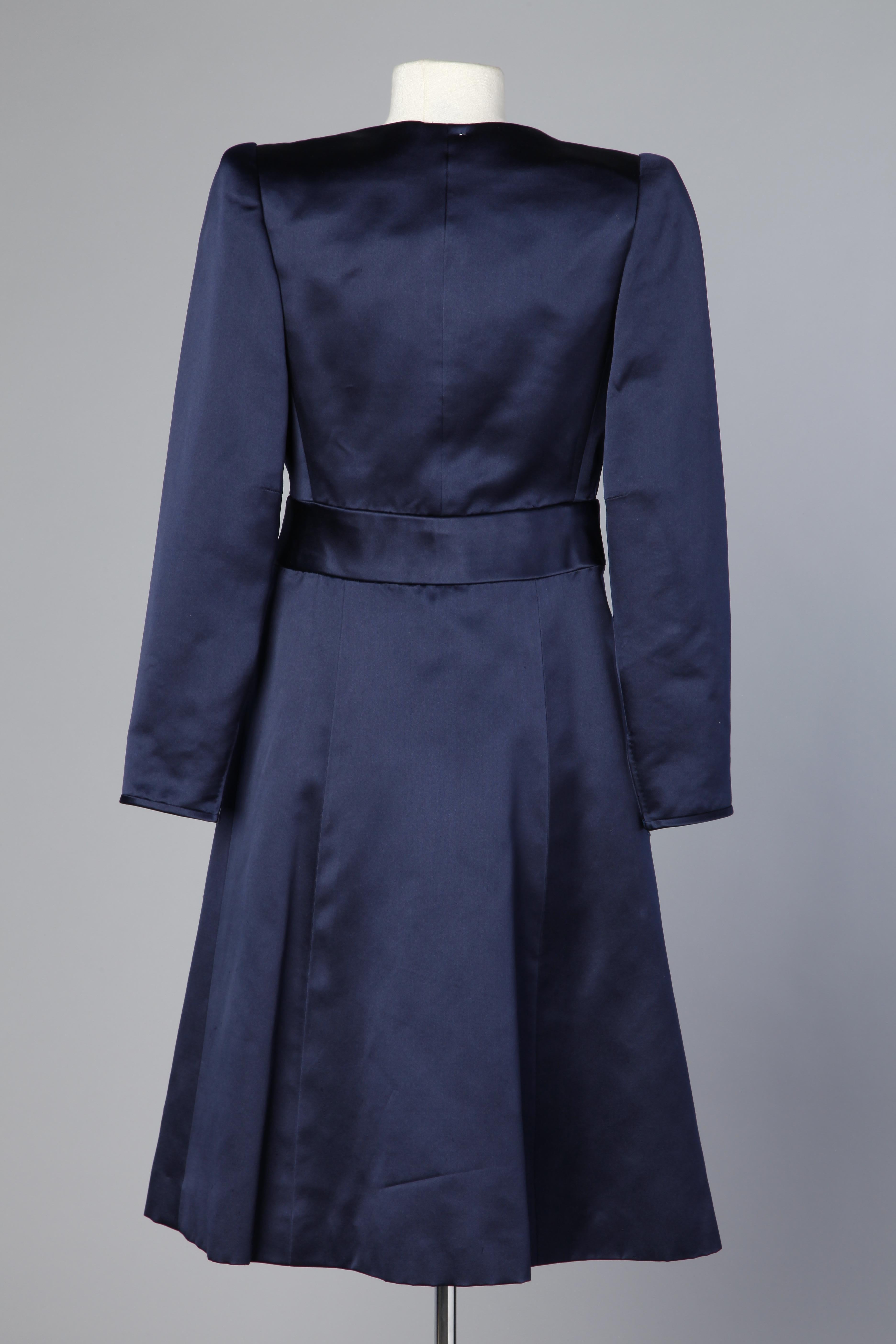 1980's navy blue satin dress with bow and black beads fringes Valentino Couture For Sale 4