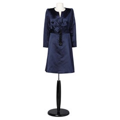 1980's navy blue satin dress with bow and black beads fringes Valentino Couture