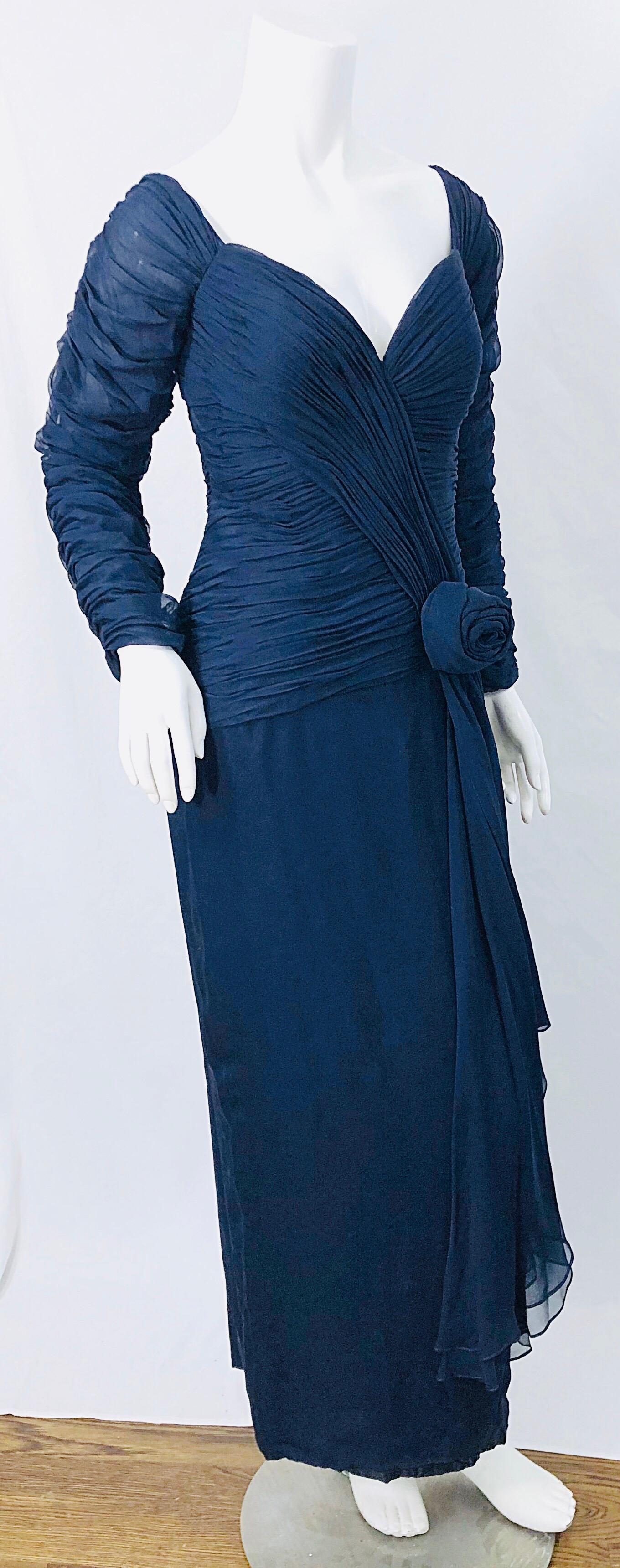 1980s Navy Blue Silk Chiffon Couture Ruched Long Sleeve Vintage 80s Gown Dress For Sale 1