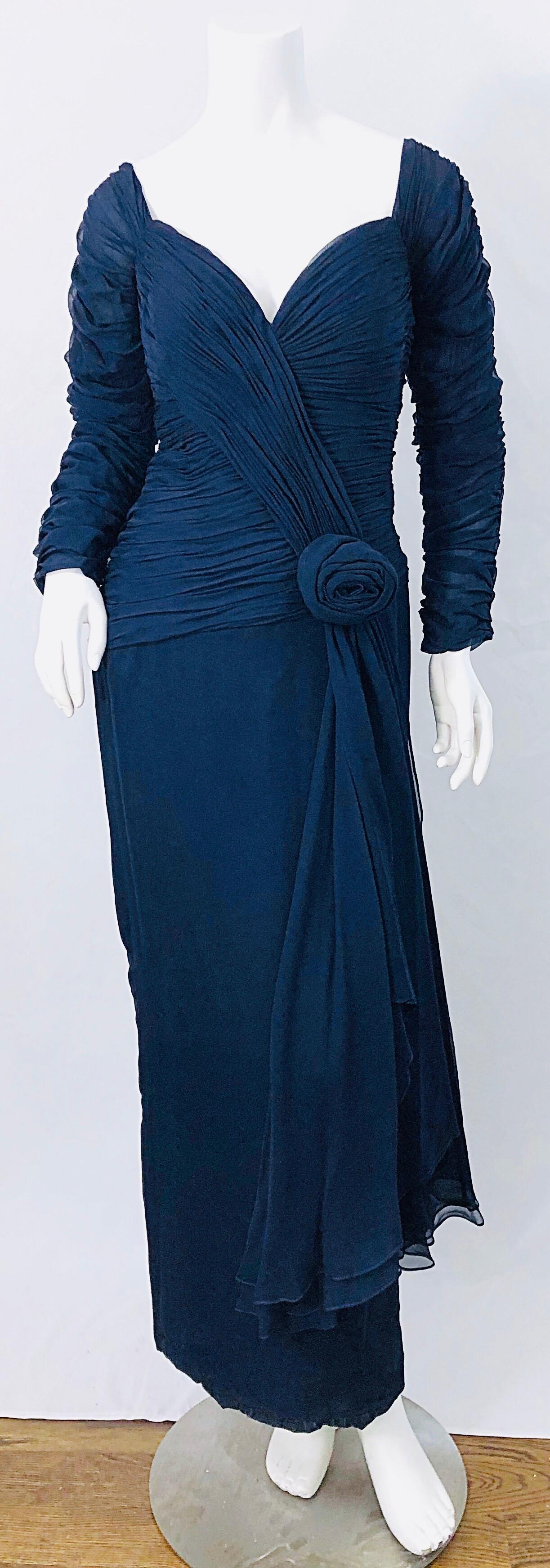 1980s Navy Blue Silk Chiffon Couture Ruched Long Sleeve Vintage 80s Gown Dress For Sale 4