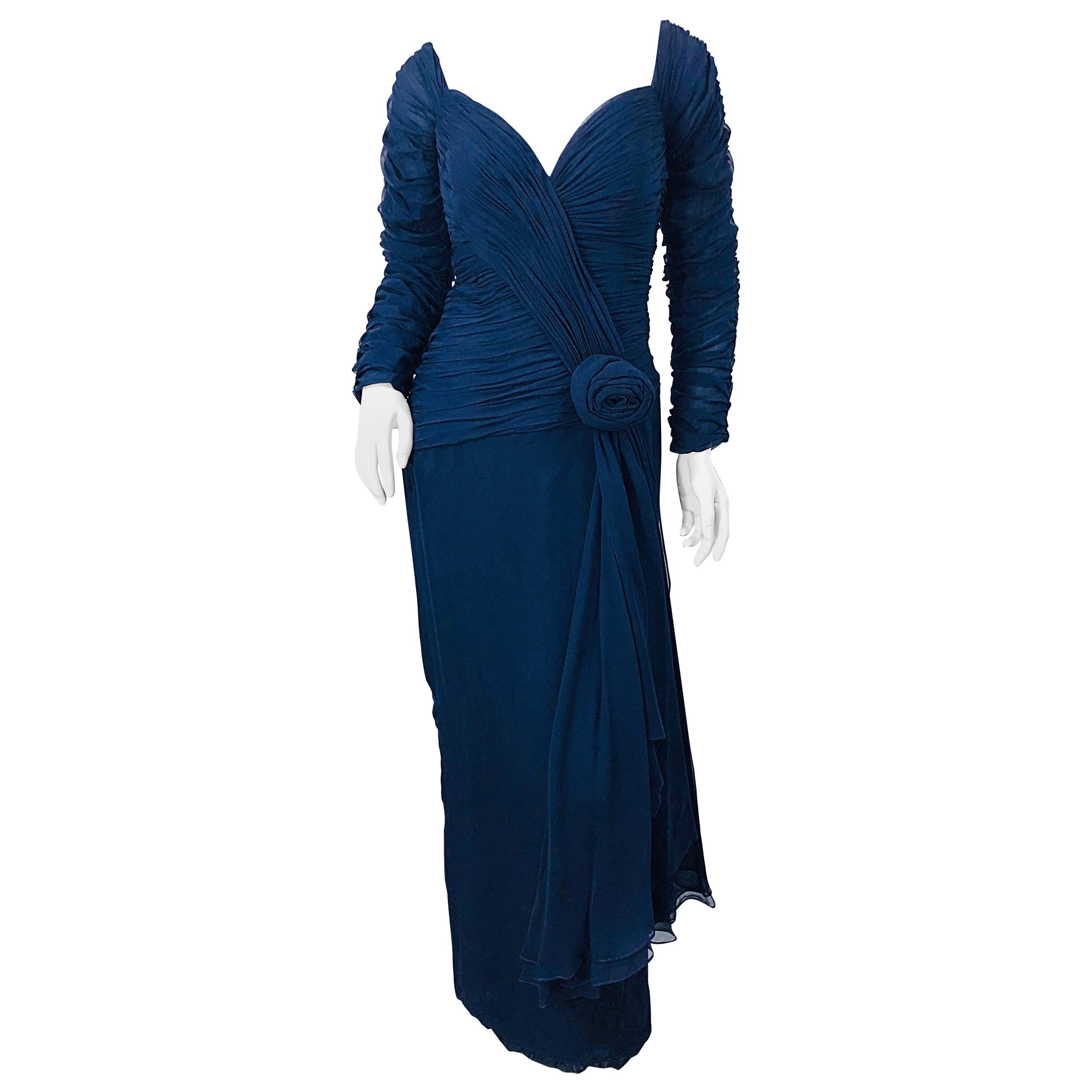 1980s Navy Blue Silk Chiffon Couture Ruched Long Sleeve Vintage 80s Gown Dress