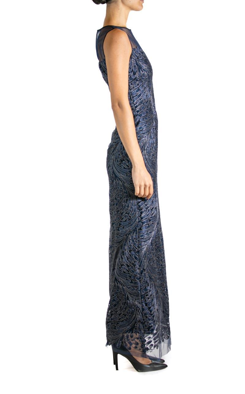 1980S Navy Blue & Silver Silk Lace Gown In Good Condition For Sale In New York, NY