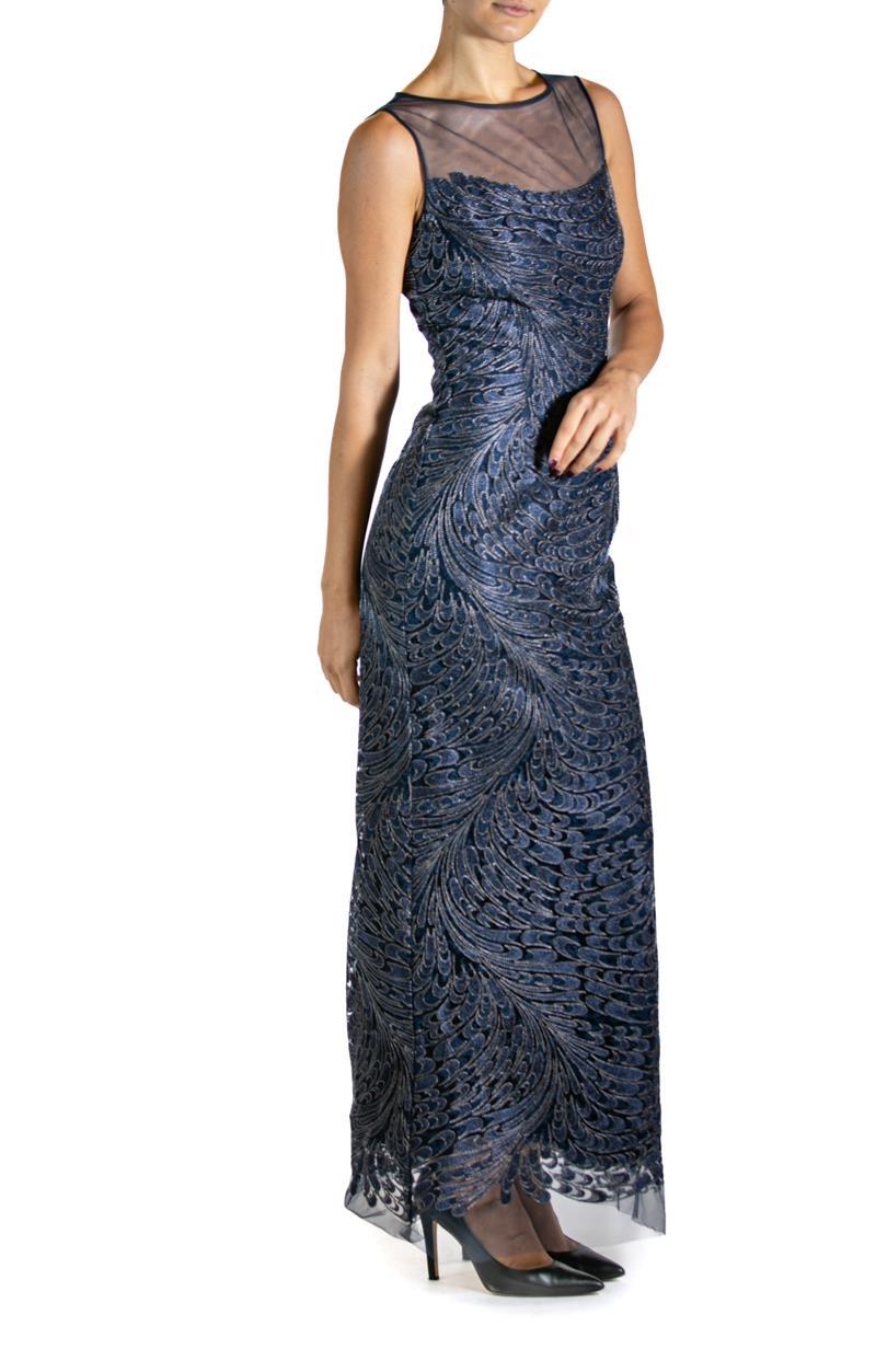 Women's 1980S Navy Blue & Silver Silk Lace Gown For Sale