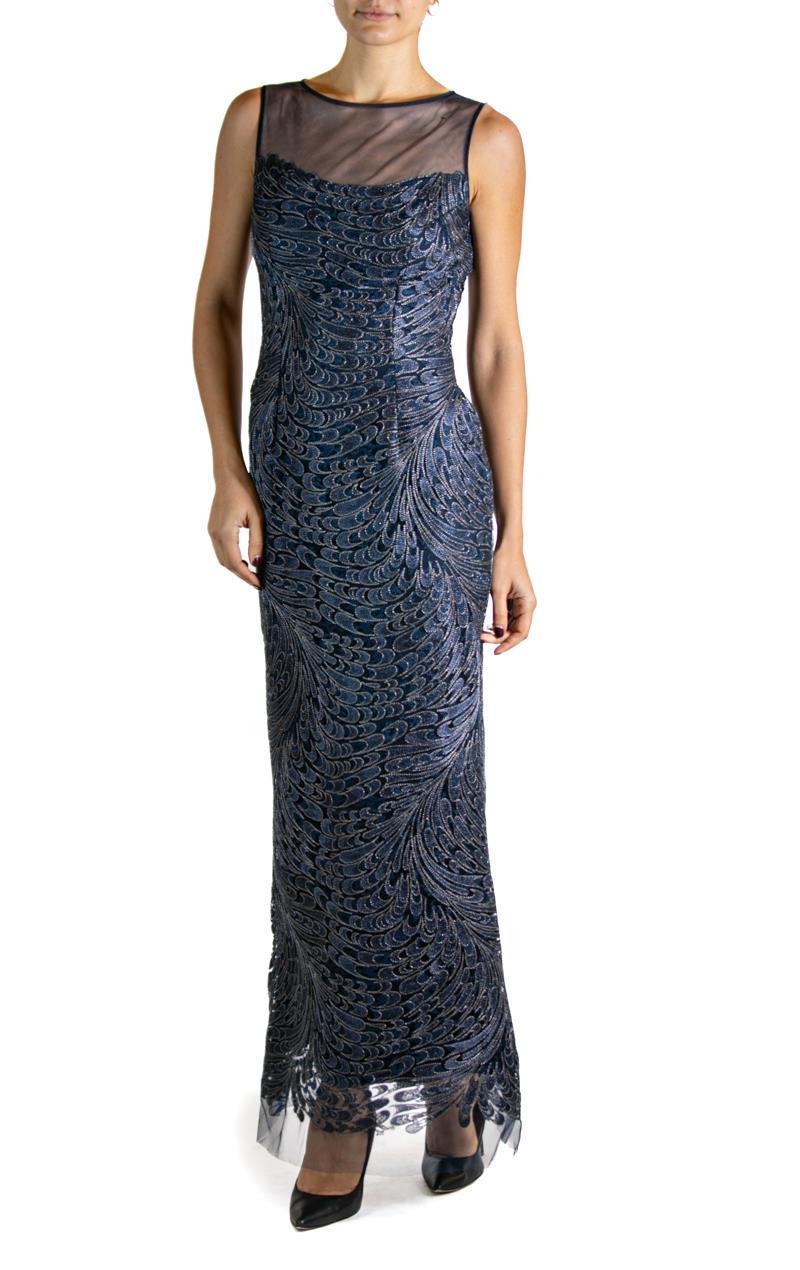 1980S Navy Blue & Silver Silk Lace Gown For Sale 2