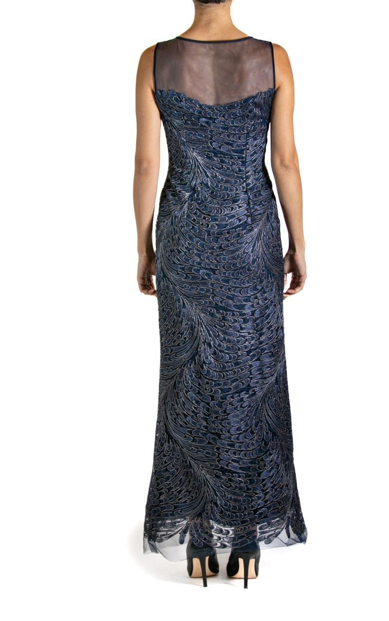 1980S Navy Blue & Silver Silk Lace Gown For Sale 3