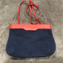 1980s Navy Blue Woven Fabric and Red Leather Shoulder Bag by Ferragamo