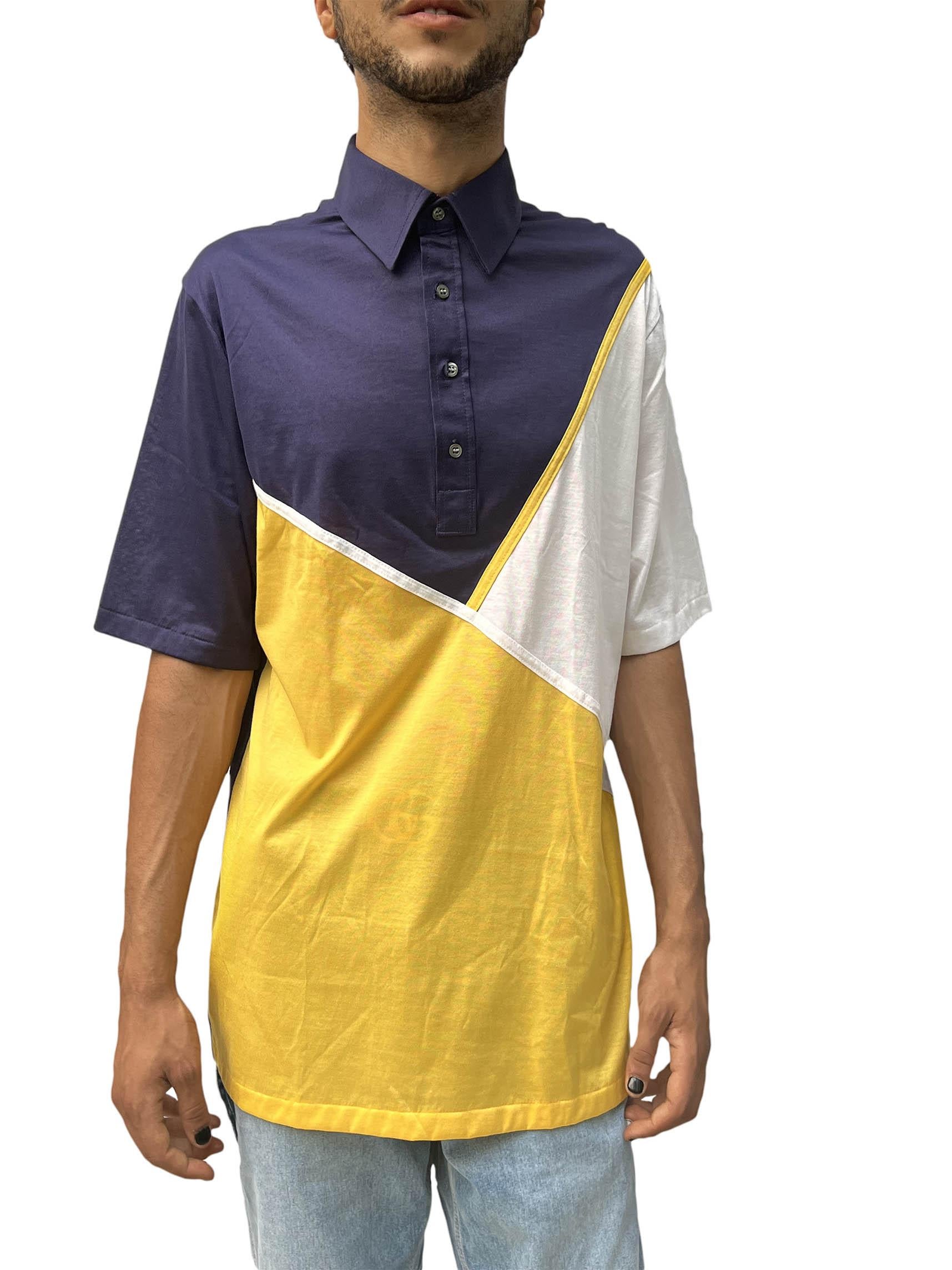 1980S Navy & Yellow Fine Swiss Cotton Men's Polo Shirt In Excellent Condition For Sale In New York, NY