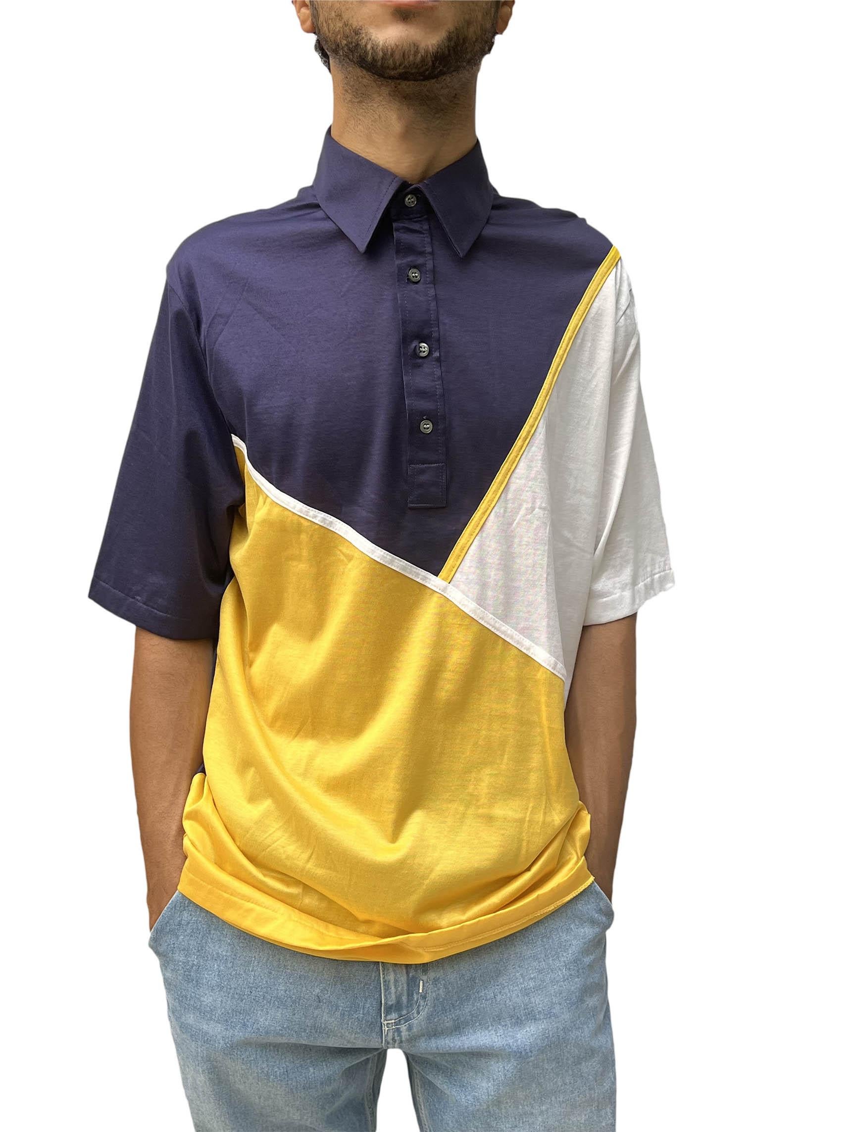1980S Navy & Yellow Fine Swiss Cotton Men's Polo Shirt For Sale 3