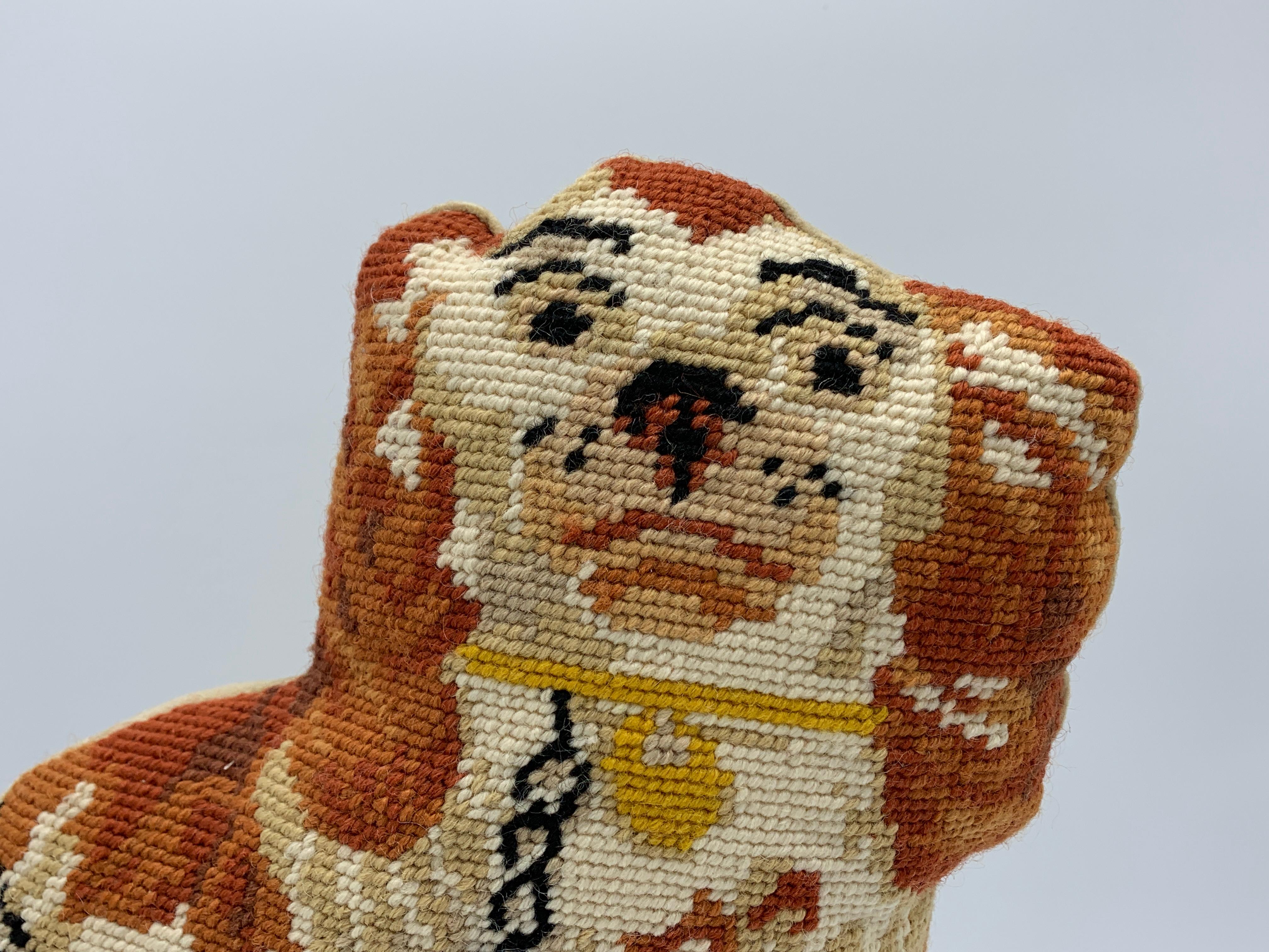 Offered is a fabulously rare and unusual, 1980s Staffordshire dog pillow. The piece is particularly neat, due to its dog shape form. The backside is a beige velvet. Underside is a hard, fabricated surface, allowing the pillow to stand up on its own,