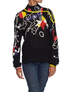 1980S NEIL BIEFF Black Hand Beaded Silk Jean Miro Inspired Abstract Art Blouse