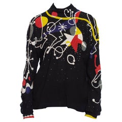 1980S NEIL BIEFF Black Hand Beaded Silk Jean Miro Inspired Abstract Art Blouse