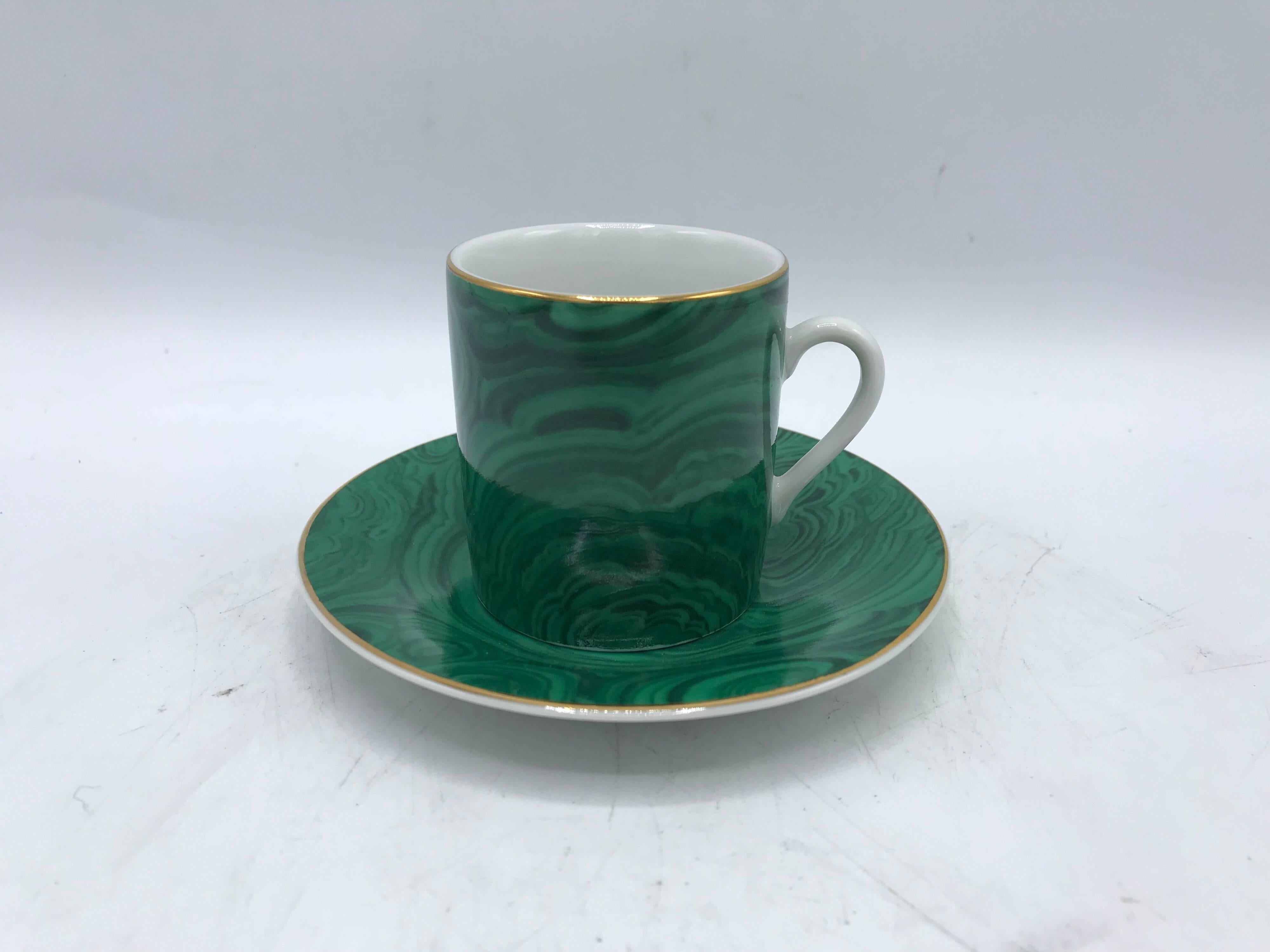Hollywood Regency 1980s Neiman Marcus Malachite Porcelain Teacups and Saucers, Set of Eight