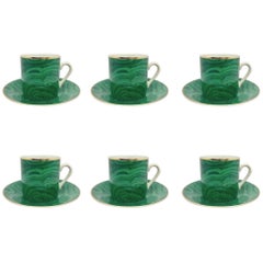 1980s Neiman Marcus Malachite Porcelain Teacups and Saucers, Set of Six