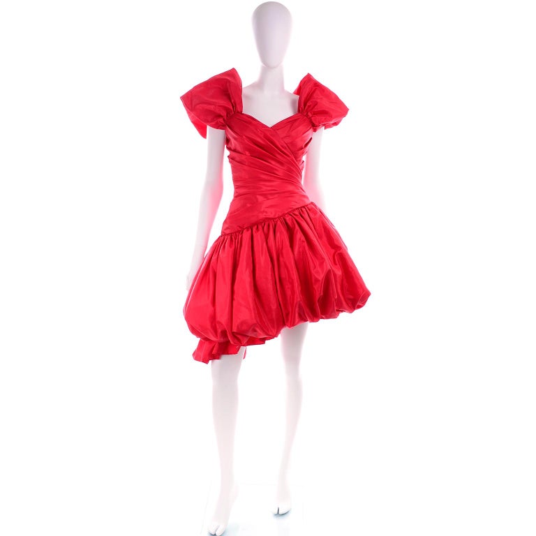 1980s Neiman Marcus Vintage Red Ruched Asymmetrical Party Dress W Puff  Skirt at 1stDibs