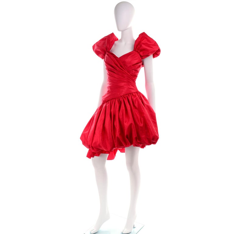 neiman marcus red cocktail dresses 1980s Neiman Marcus Vintage Red Ruched Asymmetrical Party Dress W Puff  Skirt at 1stDibs