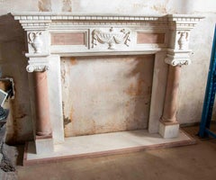 1980s Neoclassical Style White and Pink Carved Marble Fireplace