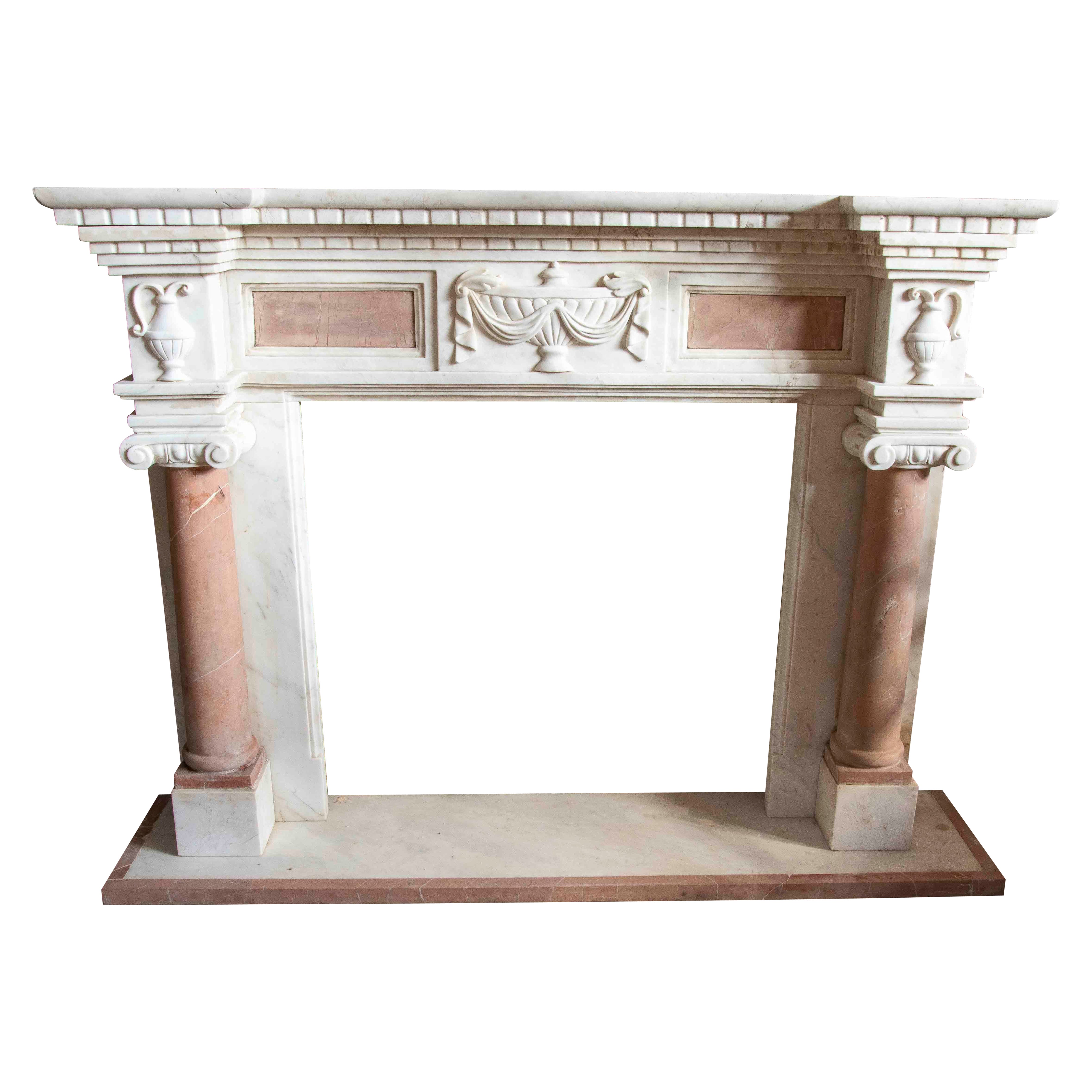 1980s Neoclassical Style White and Pink Carved Marble Fireplace For Sale