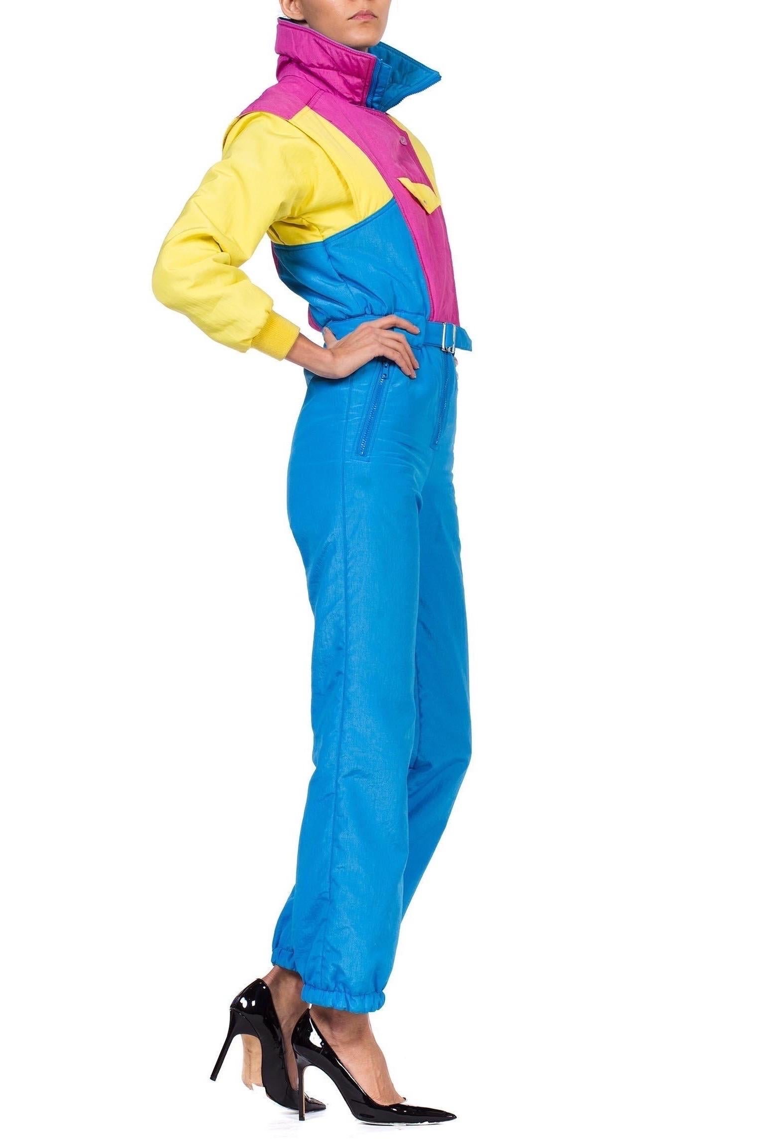 1980S Neon Hot Pink , Aqua & Yellow Nylon Puffer Ski Jumpsuit In Excellent Condition For Sale In New York, NY