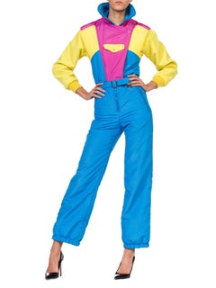 1980S Neon Hot Pink , Aqua & Yellow Nylon Puffer Ski Jumpsuit