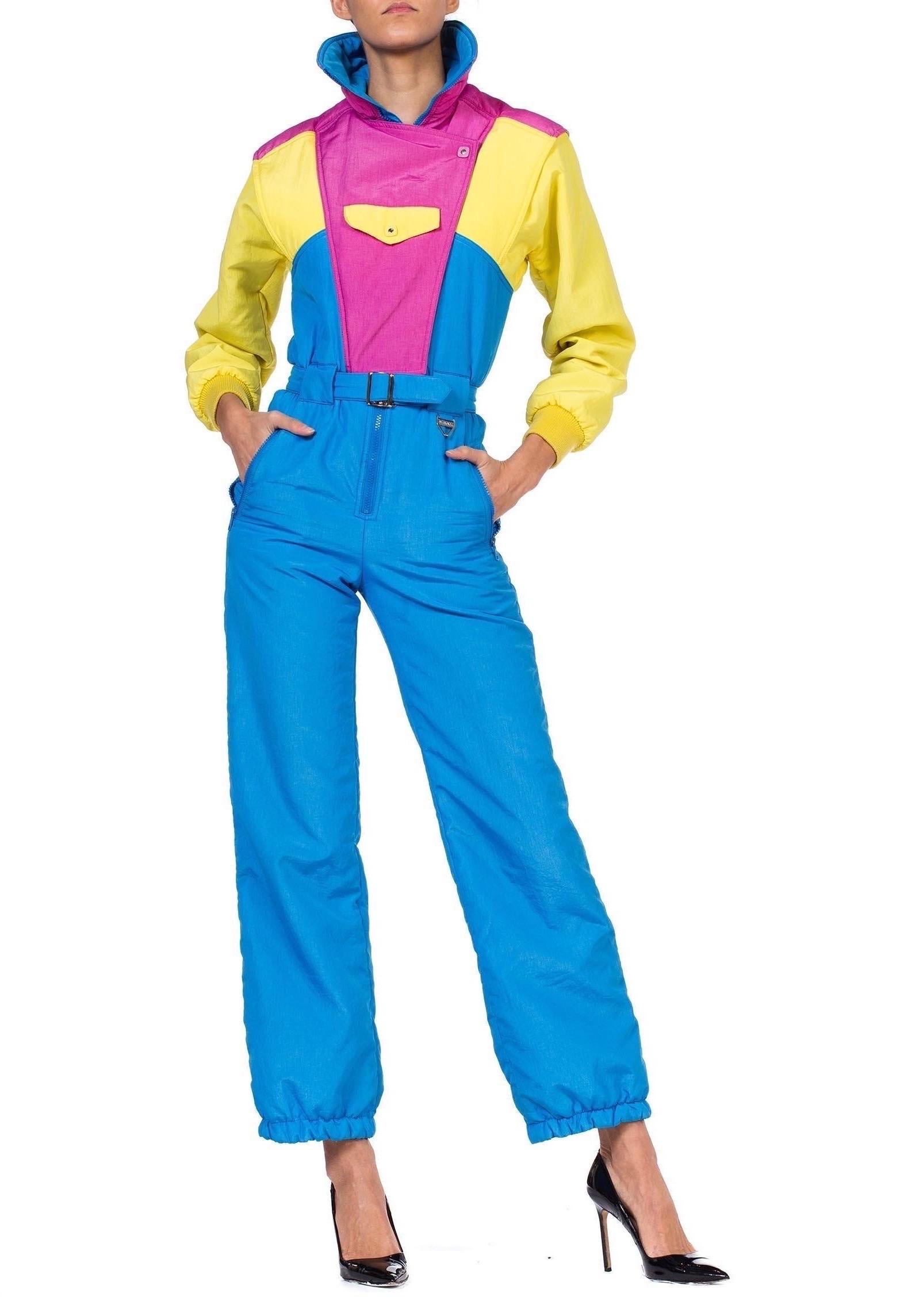 1980S Neon Hot Pink , Aqua & Yellow Nylon Puffer Ski Jumpsuit For Sale 1