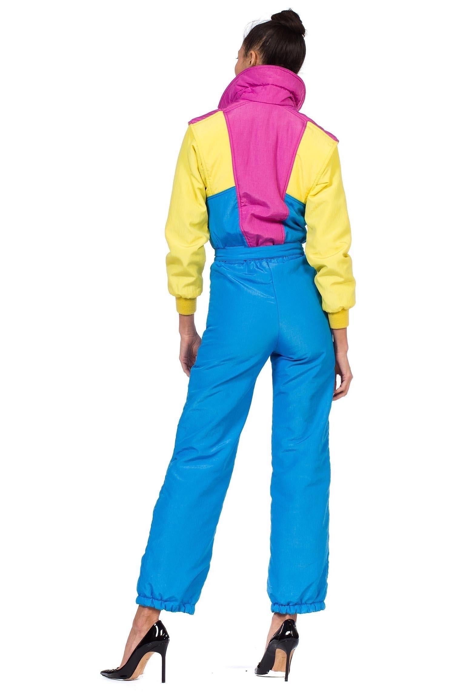 1980S Neon Hot Pink , Aqua & Yellow Nylon Puffer Ski Jumpsuit For Sale 3