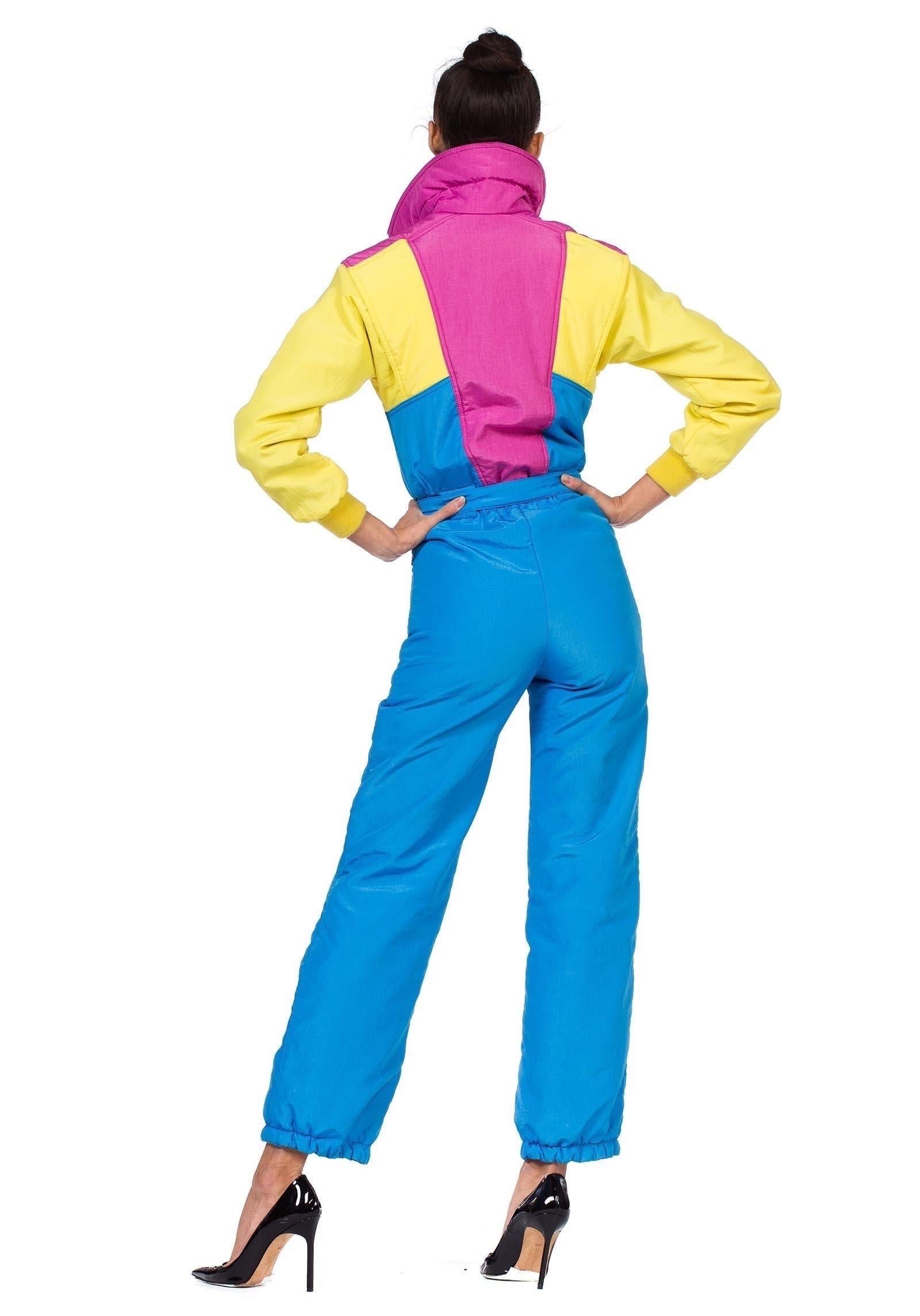 1980S Neon Hot Pink , Aqua & Yellow Nylon Puffer Ski Jumpsuit For Sale 4