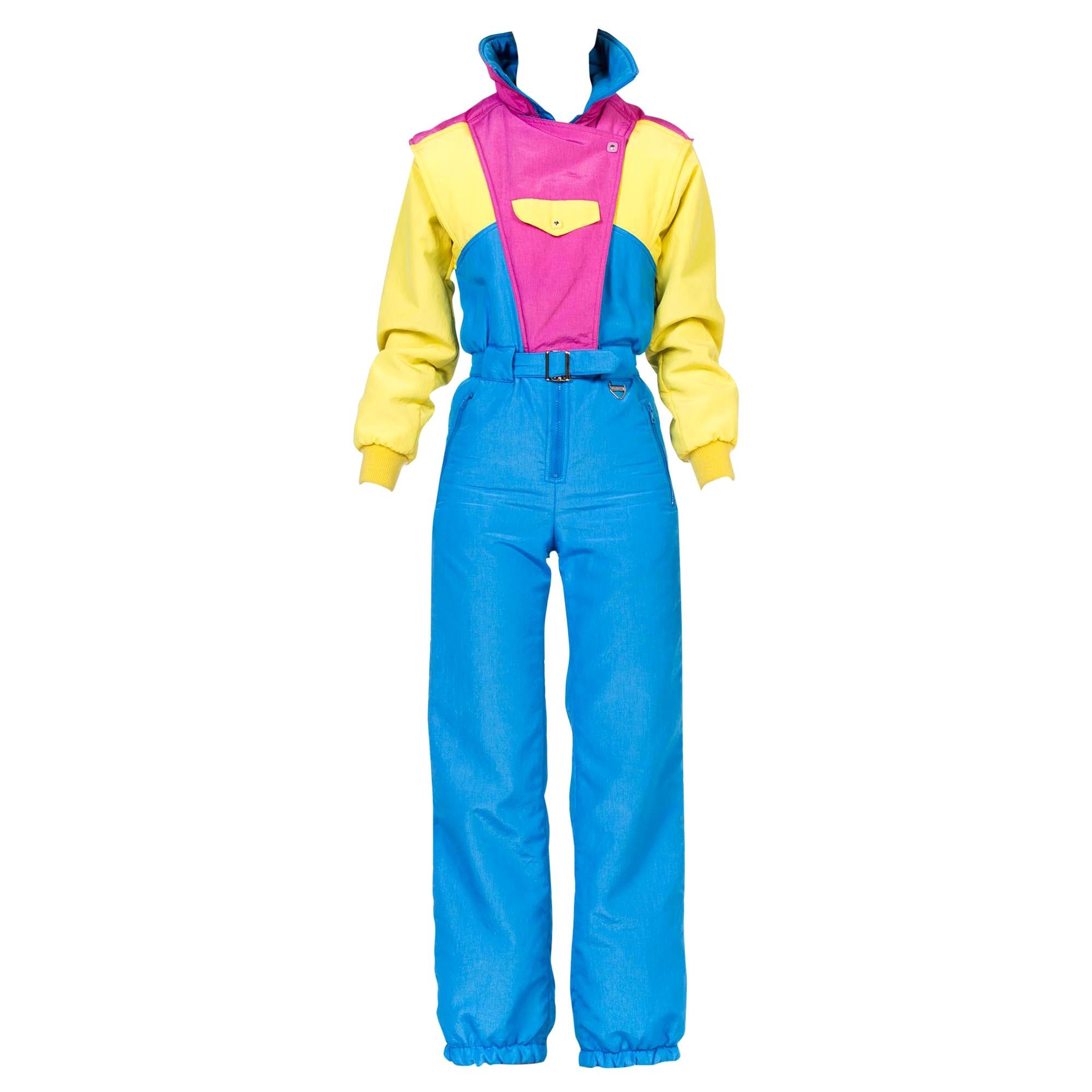 1980er Neon Hot Pink , Aqua & Gelb Nylon Puffer-Rock-Overall
