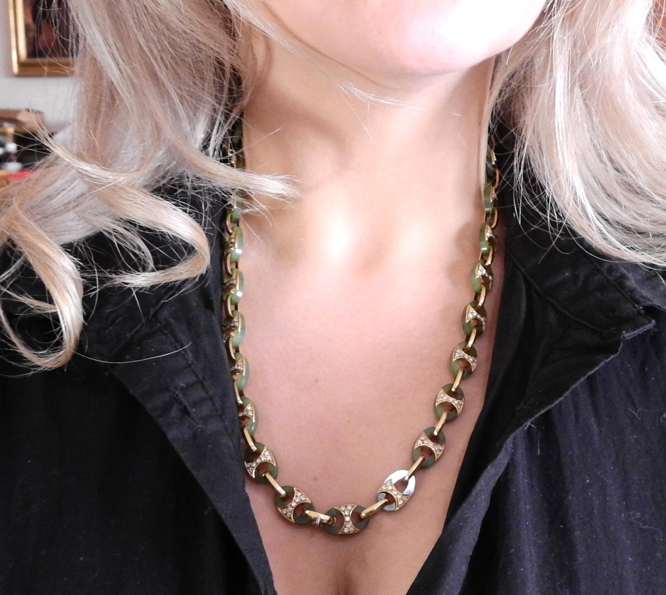 1980s Nephrite Diamond Gold Link Necklace Bracelet Suite 8