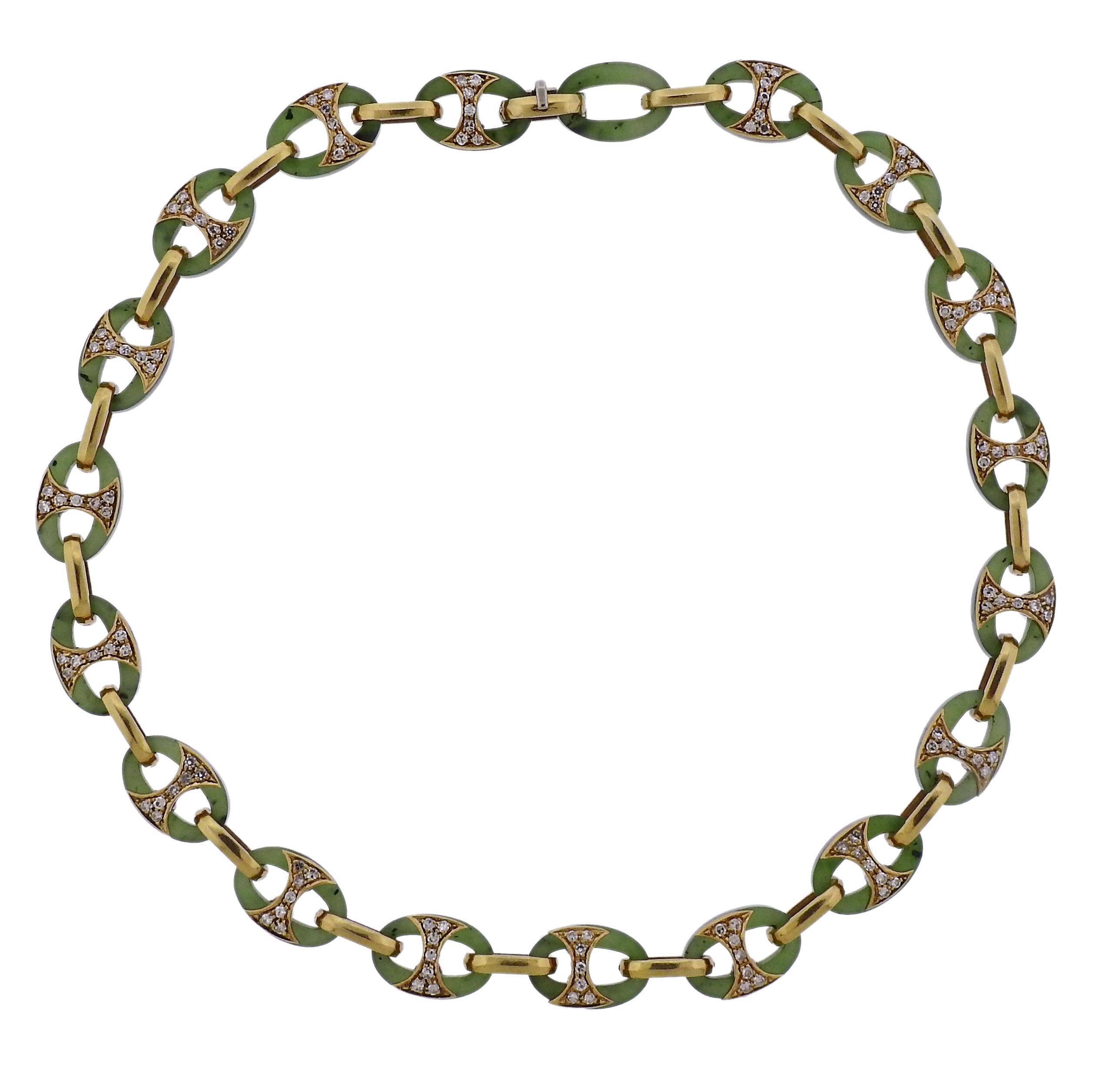Vintage circa 1980s 18k gold link necklace and bracelet suite,  decorated with nephrite and approx. 1.90ctw in SI1/H diamonds. Necklace is 15.75