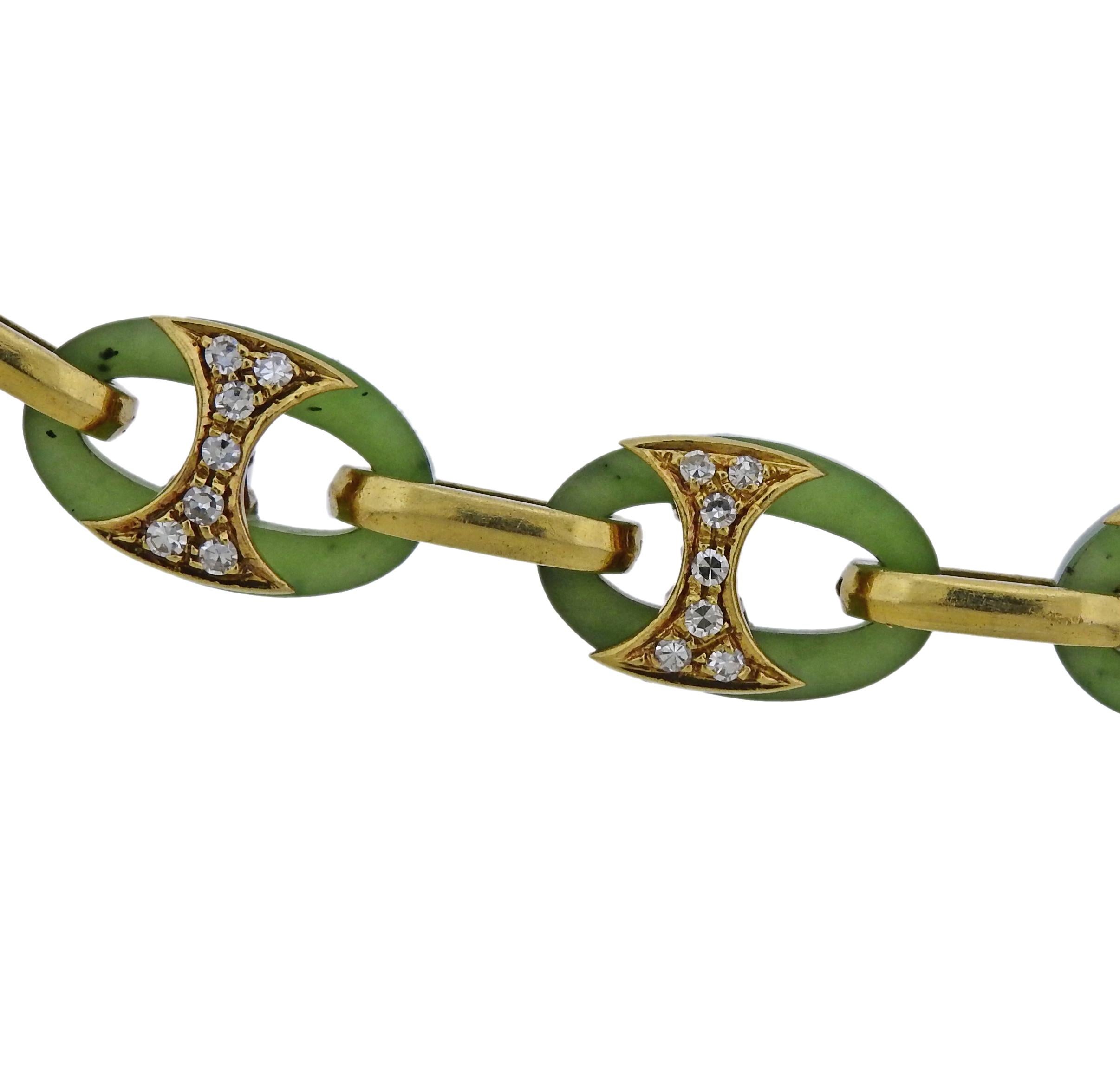 1980s Nephrite Diamond Gold Link Necklace Bracelet Suite In Excellent Condition In Lambertville, NJ