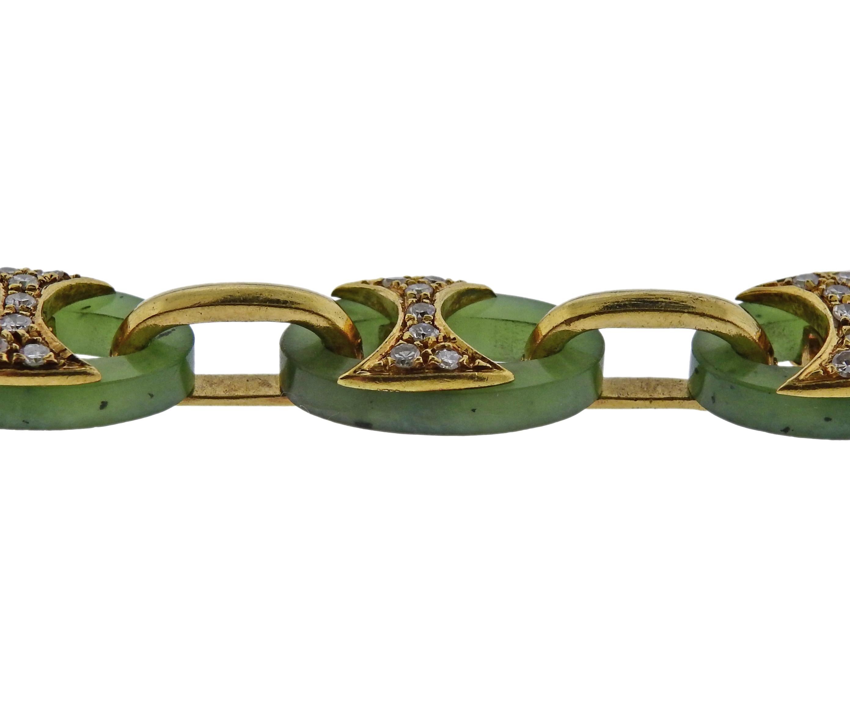 Women's or Men's 1980s Nephrite Diamond Gold Link Necklace Bracelet Suite