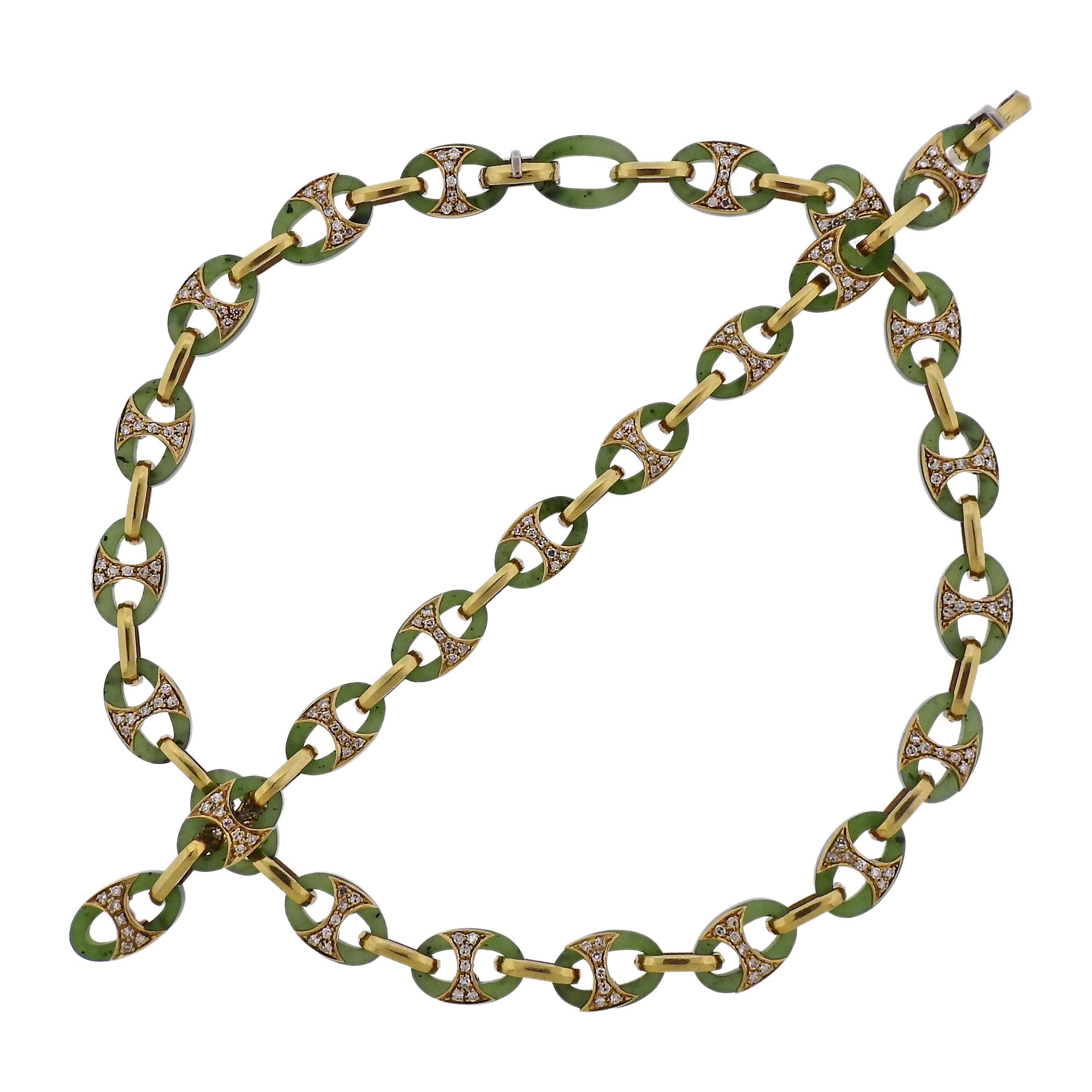 1980s Nephrite Diamond Gold Link Necklace Bracelet Suite