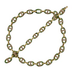 1980s Nephrite Diamond Gold Link Necklace Bracelet Suite