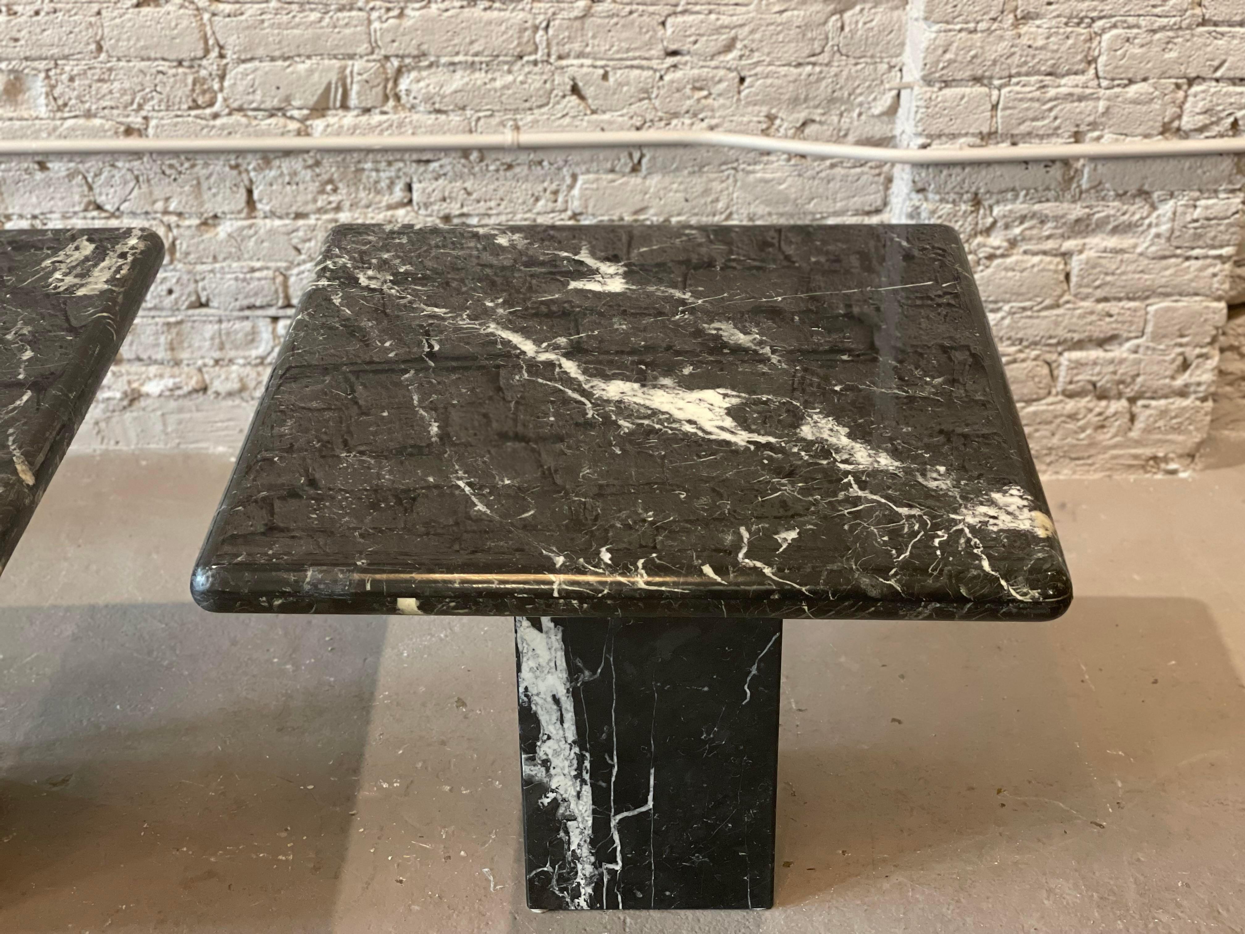 American 1980s Nero Marquina Black Marble Postmodern Side Tables, a Pair For Sale