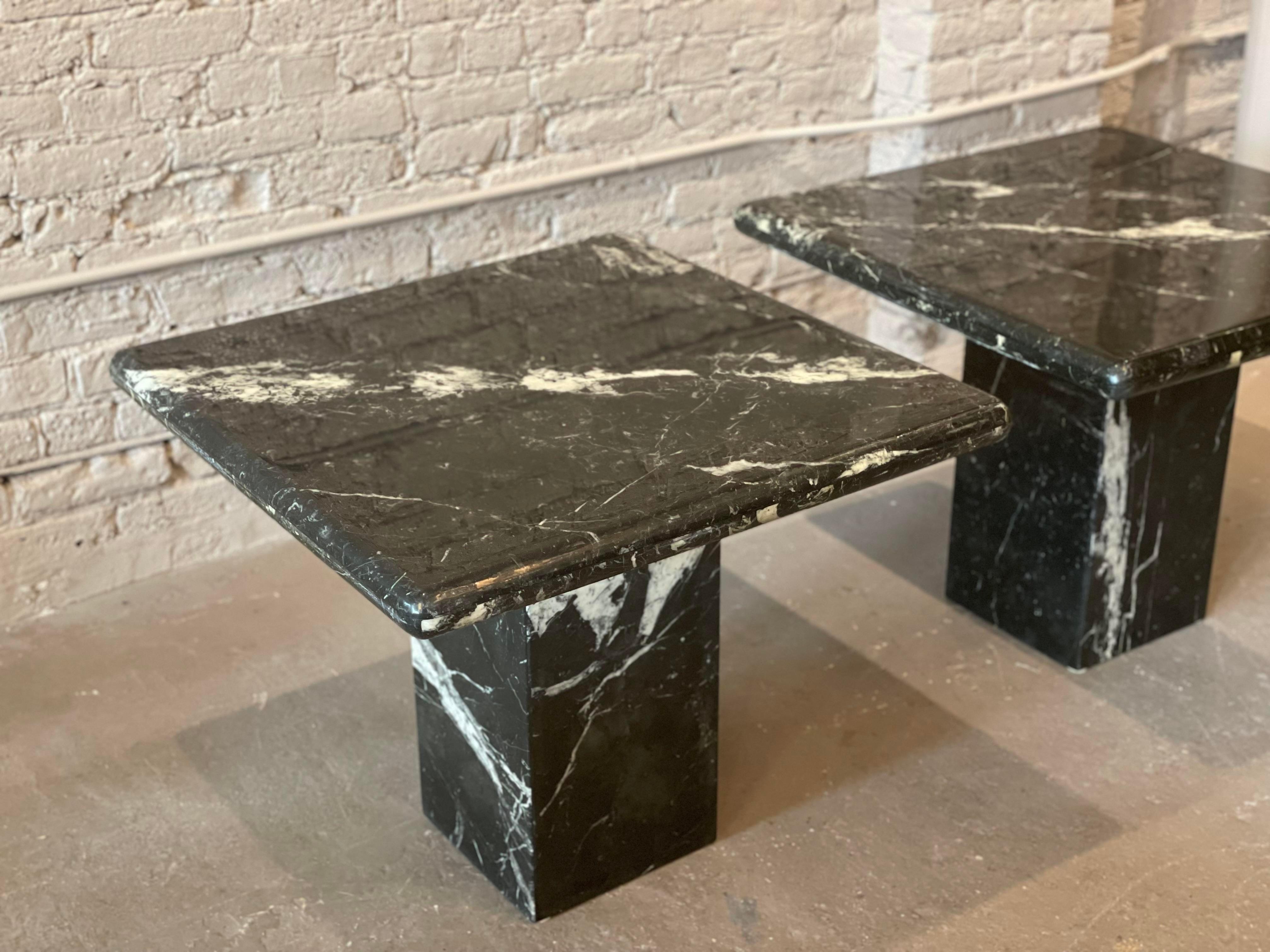 Late 20th Century 1980s Nero Marquina Black Marble Postmodern Side Tables, a Pair For Sale